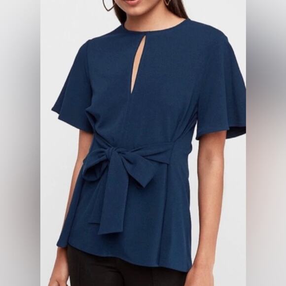 Express Tie Front Short Flutter Sleeve Keyhole Cut-Out Blouse Blue Sz M Dressy - Picture 1 of 12